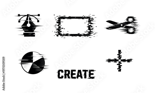 Digital content creation tools theme, a set of five glitch-distorted monochrome objects floating on a perfectly clean white background