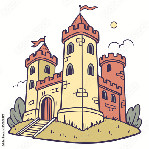 Vintage style castle illustration with red turrets and yellow stone walls standing on grassy mound under yellow sun and flying birds vector design.