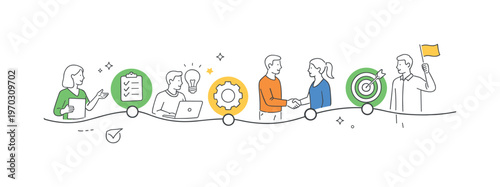 A structured continuous execution scenario where a team maintains steady forward movement of tasks through each stage without interruption or delay