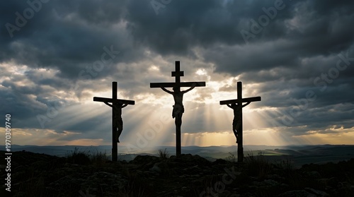 three wooden crosses sunset divine light
