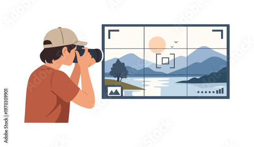 A photography moment where a person captures a scene with focus and creativity in a simple environment, a camera and a framed photo shape representing
