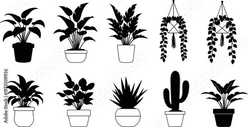 Minimalist black silhouettes of various potted houseplants, succulents, and hanging plants vector set