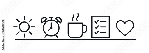 Healthy morning routine and daily start habits for boosting energy and setting a positive tone for productivity, sun, alarm clock, coffee mug