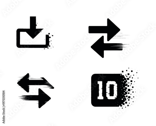 Digital input/output flow and data exchange theme, a set of 4 glitch-distorted monochrome objects placed on a perfectly clean white background