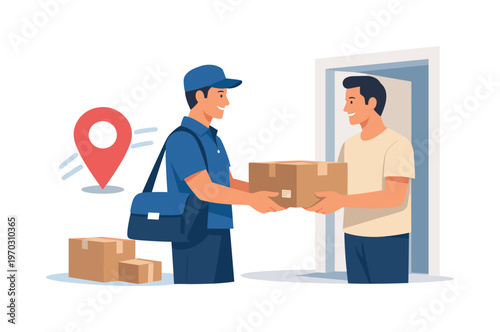 A parcel delivery scene where a courier completes a package handoff in a smooth and organized process at a doorstep, a person holding a box and a