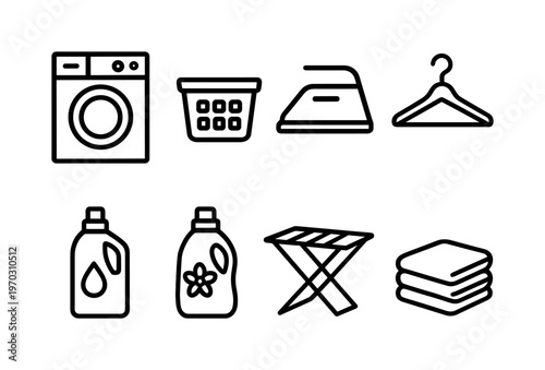 Laundry and clothing care: washing machine, laundry basket, iron, clothes hanger, detergent bottle, fabric softener, drying rack, folded clothes stack