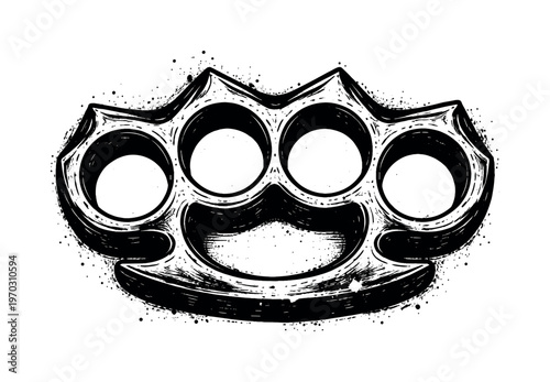 A clenched brass knuckle weapon shown in a direct frontal view, enlarged to dominate the frame as a compact aggressive object on a clean white