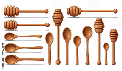 Cartoon Wooden Honey Dipper Set Sweet Food Utensil Vector Illustration