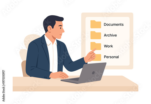 A professional organizing information into a clear knowledge system during a focused work session, sitting at a desk with a laptop while arranging a