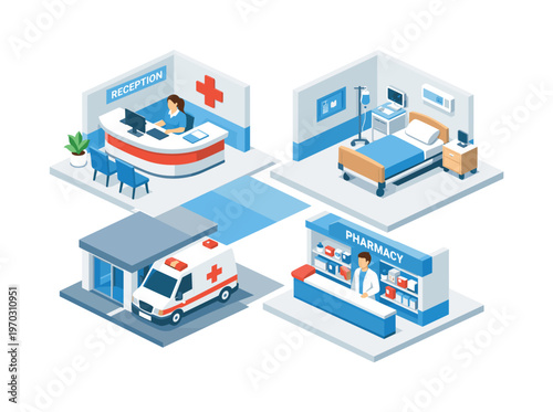 Isometric geometric composition showing a hospital floor layout with a reception desk, patient bed in a room, a small ambulance parked at an entrance