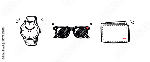 Daily accessories theme  a horizontal row of 3 related hand-drawn objects on a white background: a simple wristwatch with a round face and a tiny red