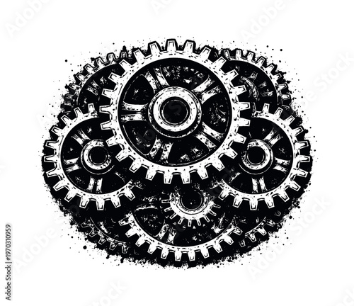 A detailed mechanical gear assembly with interlocking cogs shown in a direct frontal view, enlarged to fill the frame as a dense circular mechanical