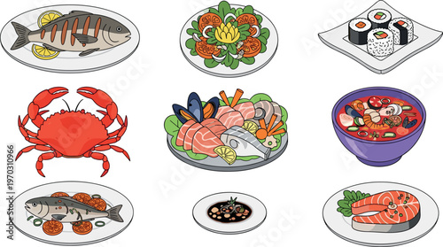 Seafood dishes set vector illustration featuring fish sushi crab soup and salad plates in colorful food collection design