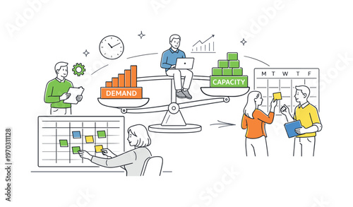 A strategic resource planning and capacity forecasting scene showing a small team allocating workload around a large grid and a calendar, using a