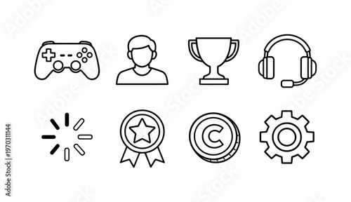 Online gaming interface: game controller, player avatar, leaderboard trophy, chat headset, loading spinner, achievement badge, in game currency coin