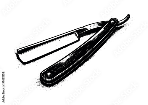 A classic barber straight razor shown open in a diagonal composition, the handle and blade extended to form a long, sleek silhouette that cuts across