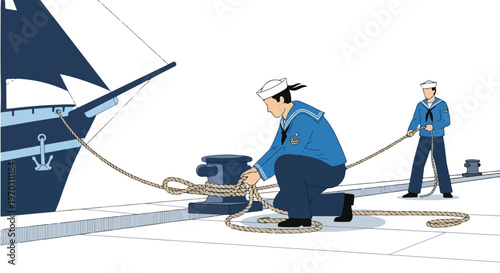 A clean flat vector illustration of sailors tying ropes to moor a ship at the harbor, incorporating simple shapes, a maritime activity theme, and a white background.