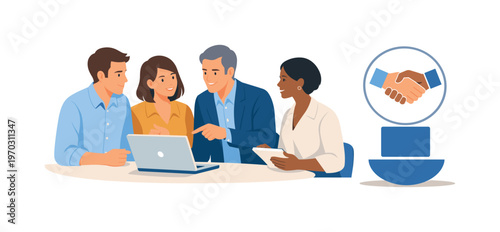 A team aligning expectations during a clear planning discussion in a professional setting, gathered near a laptop while interacting with a simple