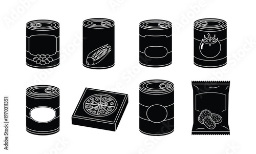 Assorted black canned and packaged food items with illustrated labels