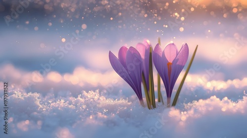 Fragrant Crocus in Snowy Embrace: The delicate purple crocus flowers, a harbinger of spring, bravely emerge from a blanket of fresh snow, their vibrant petals radiating against the pristine cold.