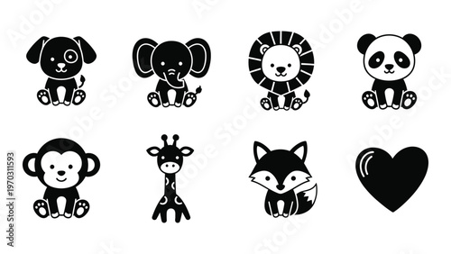 A collection of monochrome animal icons and a heart shape are displayed in a simple cartoonish style high quality professional detailed