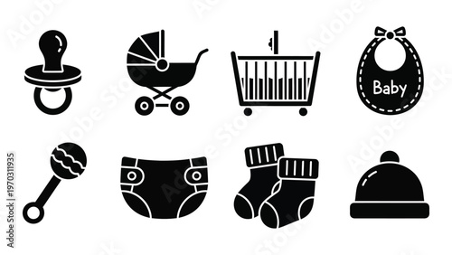 A collection of black silhouette icons depicting essential baby items like a pacifier stroller and bib high quality professional detailed modern