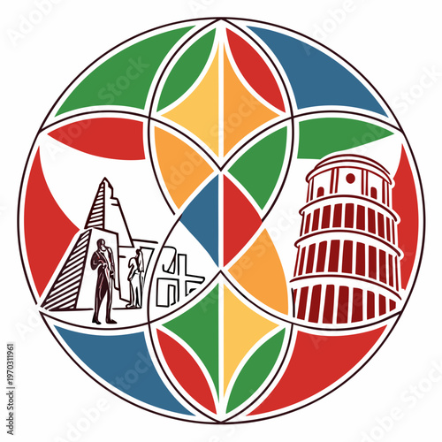 World famous landmarks in geometric circle with colorful sections leaning tower pisa and chichen itza travel illustration.