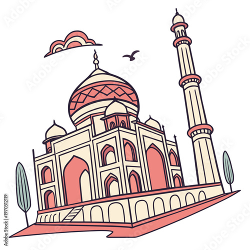 Decorative vector graphic of taj mahal architectural site featuring grand dome and minaret tower for tourism promotion and cultural heritage themes.