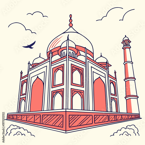 Stylized vector illustration of taj mahal landmark with minarets and dome dome against sky backdrop for travel tourism concept in simple line art.