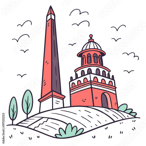 Ancient monument with tall obelisk and round tower on a grassy hill with trees and birds flying in sky vector illustration style.