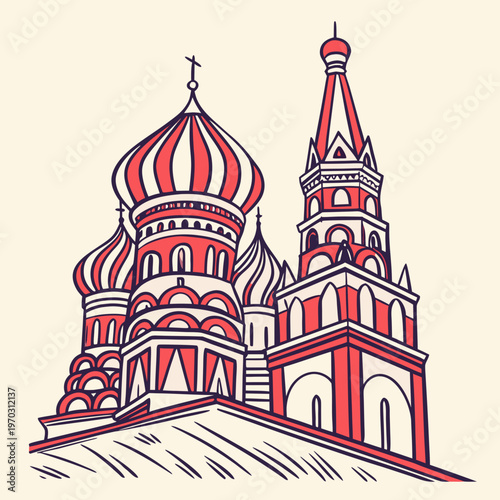 Artistic vector drawing of saint basils cathedral in moscow russia with iconic colorful onion domes and spires for travel and culture advertising.