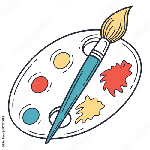 Large oval art palette with various paint wells and colorful pigments accompanied by single artistic brush for watercolor and oil painting themes.