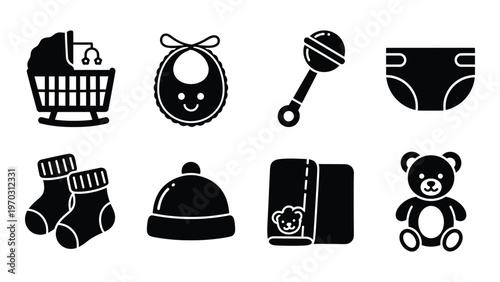 A collection of black silhouette icons depicts essential baby items including a crib bib rattle and diaper high quality professional detailed