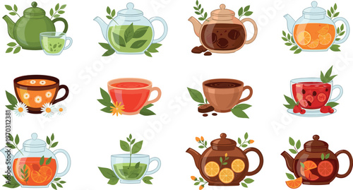 Tea cups and teapots set vector illustration featuring herbal green fruit and hot beverages in cozy drink collection