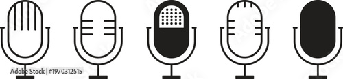 Set of microphone, headphones vector icon. Microphones podcast, voice, recording design element. Mic Illustration Icons.
