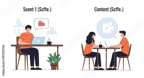 Illustration of two people working on laptops at separate desks with thought bubbles, conveying a remote work or communication concept in a simple, flat design style on a white background.