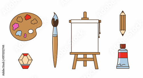 Art supplies illustration palette brush easel pencil tube and gem