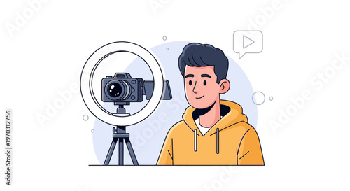 Illustration of a young man in a yellow hoodie recording video with a camera on a tripod, surrounded by a ring light and speech bubbles, conveying a creative and modern mood.