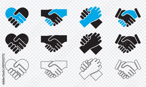 Handshake Icon Set Vector Illustration – Partnership, Agreement, Business Deal Symbol Collection