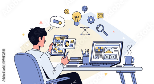 A man sits at a desk with a laptop and tablet, surrounded by design and development icons, in a creative workspace with a thoughtful expression.
