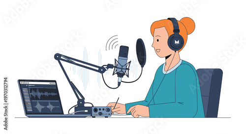 A woman with red hair wearing a headset sits at a desk with a microphone and laptop, recording a podcast in a simple setting.