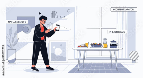 Illustration of a young man in business attire taking a photo of food on a table with a smartphone in a modern kitchen with a minimalist aesthetic and pastel color scheme.