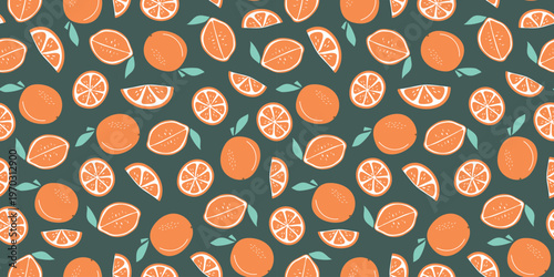 Oranges, fruits. Seamless simple abstract pattern. Slices, halves, and whole citrus. Natural food. Colorful flat illustration, bright repeating background, wallpaper decor.