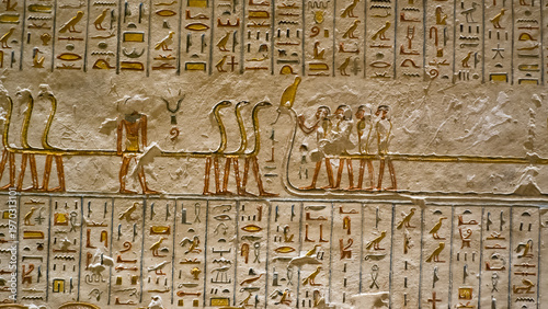 Tomb of Ramses V and Ramses VI, KV9 in the Valley of the Kings. Detail of Egyptian hieroglyphs. Luxor, Egypt.