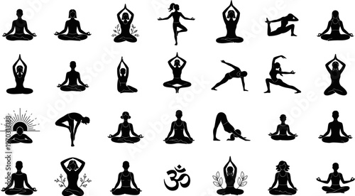 Collection of various yoga poses and meditation silhouettes on white background