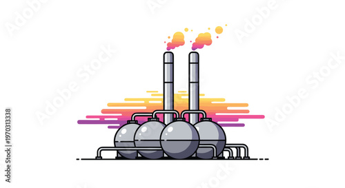 An industrial plant features four grey spherical storage tanks connected to two tall grey chimneys emitting stylized orange and purple smoke, with a colorful gradient background.