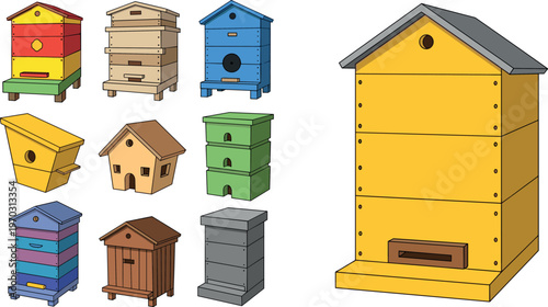 Colorful Birdhouse Set with Various Designs in Bright Shades for Garden, Wildlife, and Nature Conservation Projects