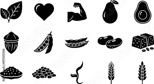 black and white icons of various food items and symbols on white background
