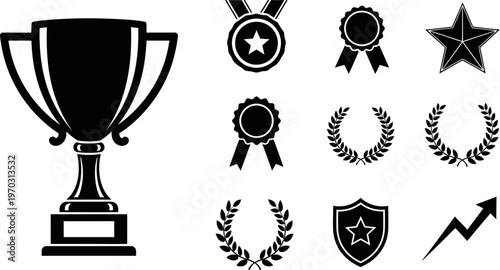 collection of black award icons and symbols for recognition and achievement