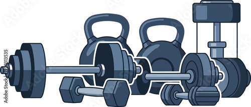 Illustration of various gym equipment including dumbbells and kettlebells for fitness and exercise in the gym